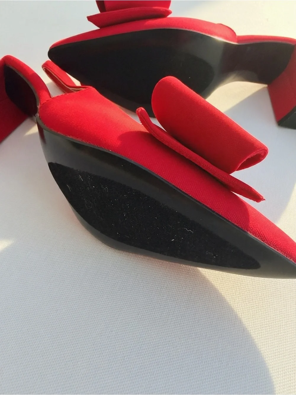 Red Bow Pointed Toe Slingback Blocked Heels- Women